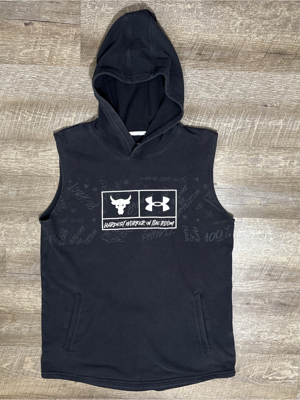 Under Armour Project Rock Sleeveless Hoodie Black Faded Youth XL (FITS MEN'S S)